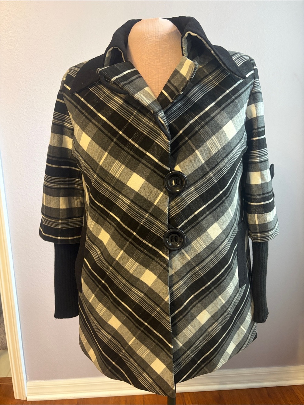 Plaid Black & Cream Pea Coat with Contrast Collar